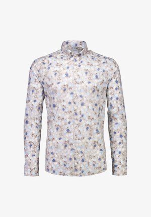 Garām piedurknēm krekls ar pogām, gaiši bēša fona un zilu, baltu un brūnu ziedu rakstu, ar klasisku apkakli.