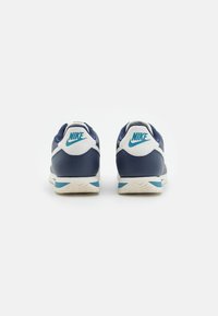 Navy blue leather sneakers with white accents and turquoise Nike logo. Features a textured sole and cushioned heel for support.