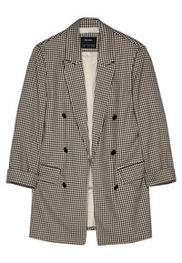 Blazer doppiopetto in fantasia a quadri bianco e nero, con maniche lunghe arrotolate, rever a punte e due tasche frontali.