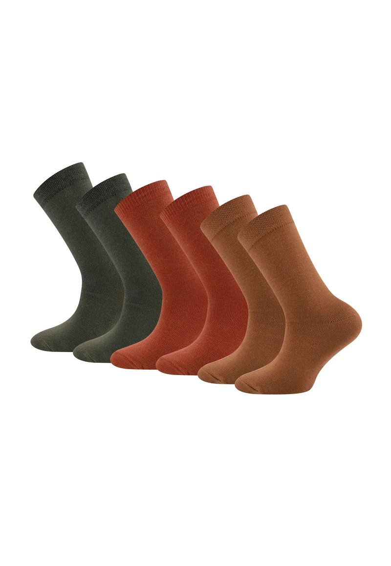 Ensemble de six chaussettes dans des nuances variées : deux vertes foncées, deux rouges et deux marron. Dispose d'une bordure côtelée et d'une texture tricot lisse.