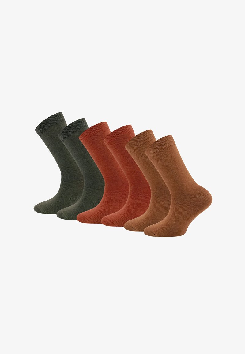 Set di sei paia di calze in diverse tonalità: due verde scuro, due rosse e due marroni. Presentano un polsino a coste e una texture liscia.