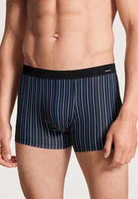 Navy blue striped boxer briefs with vertical white and blue stripes, soft fabric, elastic black waistband with logo.