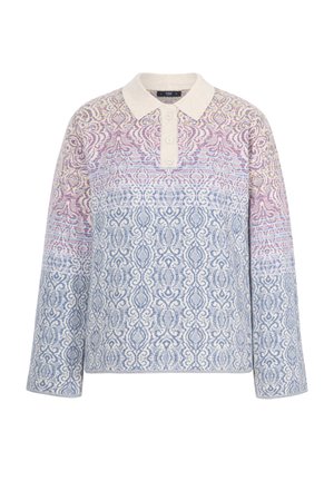 Pull en maille à manches longues avec un col beige clair, une patte de boutonnage et des motifs floraux complexes inspirés du rose et du bleu.