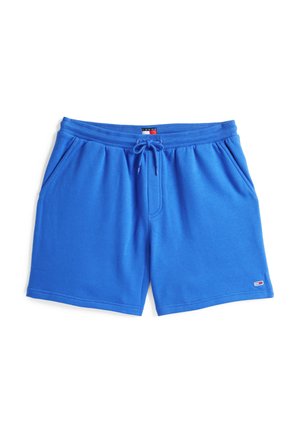 Blå bomullsshorts med elastisk midje og snor, med to sidelommer og et lite logopatch på kanten.
