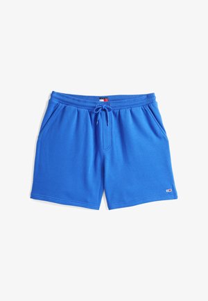 Blå bomullsshorts med elastisk midje og snor, med to sidelommer og et lite logopatch på kanten.