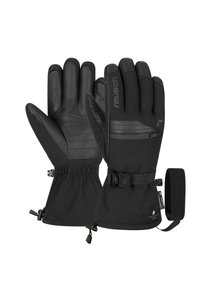 Schwarze Handschuhe mit Lederhandflächen, gepolsterten Fingern, elastischen Bündchen und verstellbaren Riemen. Auf der Rückseite befindet sich eine Reißverschlusstasche zur Aufbewahrung.