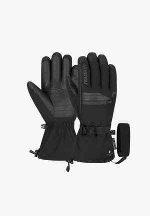 Black gloves with leather palms, padded fingers, elastic cuffs, and adjustable straps. Features a zip pocket on the back for storage.