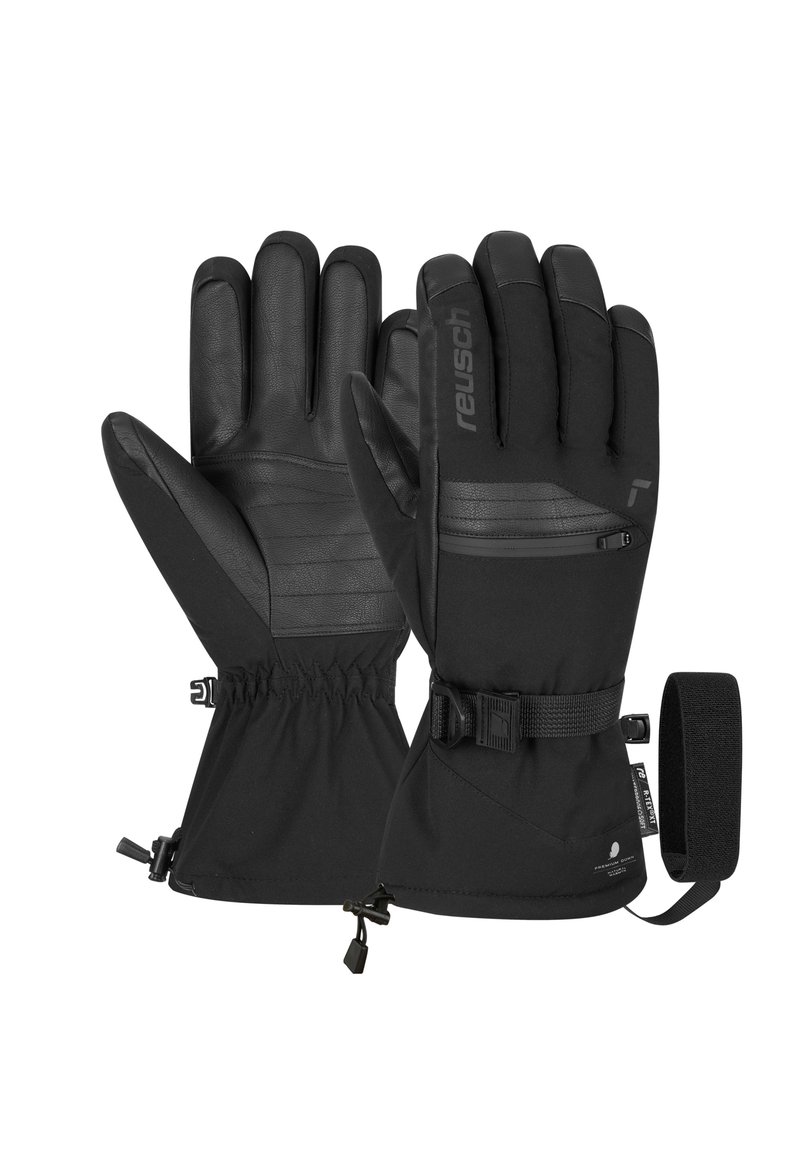 Schwarze Handschuhe mit Lederhandflächen, gepolsterten Fingern, elastischen Bündchen und verstellbaren Riemen. Auf der Rückseite befindet sich eine Reißverschlusstasche zur Aufbewahrung.