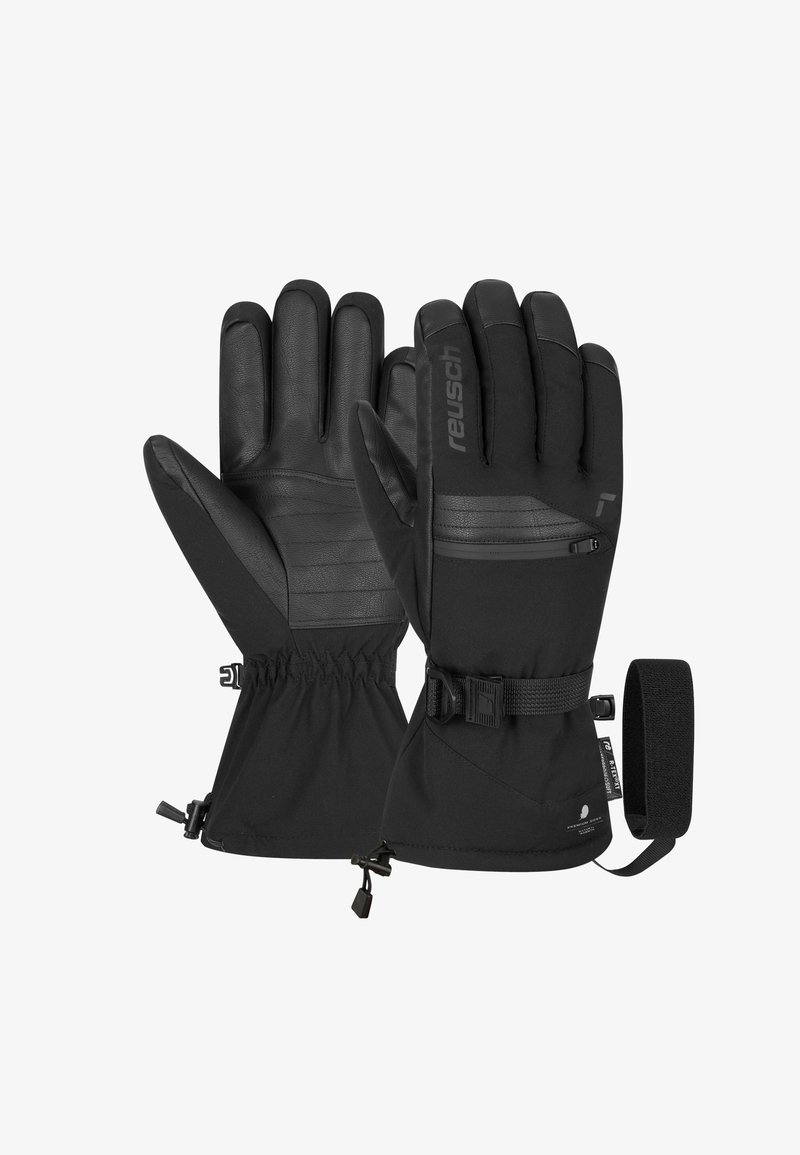 Schwarze Handschuhe mit Lederhandflächen, gepolsterten Fingern, elastischen Bündchen und verstellbaren Riemen. Auf der Rückseite befindet sich eine Reißverschlusstasche zur Aufbewahrung.