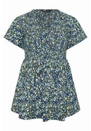 Kortærmet blå og sort blomstret bluse med smocket overdel og udvidet kant, designet til en løs og behagelig pasform.