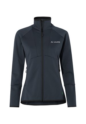 Giacca Vaude in un colore grigio scuro, con zip frontale, colletto alto, tasche laterali e un tessuto testurizzato dal design aderente.