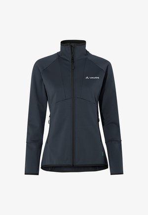 Giacca Vaude in un colore grigio scuro, con zip frontale, colletto alto, tasche laterali e un tessuto testurizzato dal design aderente.