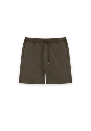 Shorts décontractés vert olive foncé avec une taille élastique, un cordon de serrage réglable et des poches latérales, posés à plat sur un fond blanc.