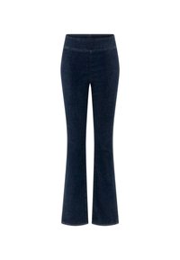 Jean bleu marine évasé en denim, avec une taille lisse et un design classique à cinq poches, doté d'un léger effet stretch.