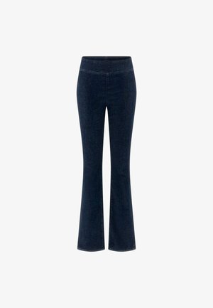 Dunkelblaue, ausgestellte Jeans aus Denim mit einem glatten Bund und einem klassischen Fünf-Taschen-Design, das einen leichten Stretch aufweist.