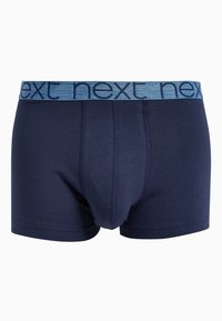 Mörkblå boxershorts i mjukt tyg med en kontrasterande ljusblå elastisk midjeband där varumärket "next" står i mörka bokstäver.