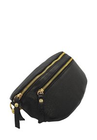 Sac en cuir noir avec deux fermetures éclair dorées, forme arrondie et surface texturée. Présente des poignées en cuir noir et des accents en métal doré.