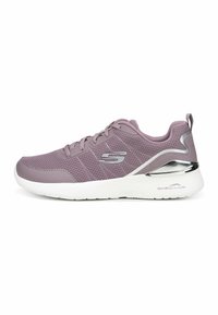 Light purple athletic sneaker with mesh upper, textured detailing, white outsole, and metallic silver accents on the heel and logo.