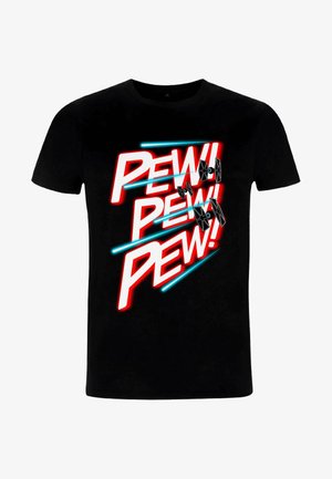 Sort bomulds T-shirt med rød og blå tekst "PEW! PEW! PEW!" samt grafik af to TIE-fighters på fronten.