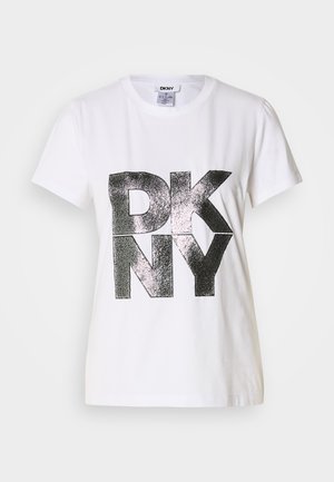 Tricou alb din bumbac cu text grafic mare "DKNY" negru, sclipicios, pe partea din față. Guler clasic rotund și mâneci scurte.