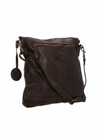 Borsa a tracolla in pelle marrone scuro con tasca frontale con zip, tracolla regolabile, fermagli in metallo e portachiavi tondo in pelle attaccato.