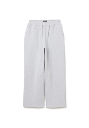 Pantaloni da ginnastica grigio chiaro realizzati in tessuto morbido, con vita elastica, due tasche laterali e una silhouette a gamba larga.