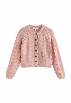 Pink knitted cardigan with cable patterns, round neckline, long sleeves, and six brown buttons down the front.