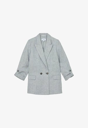 Hellgrauer strukturierter Blazer mit einem notched Revers, doppelten schwarzen Knöpfen, Klappentaschen und hochgekrempelten Ärmeln mit Knopfleisten.