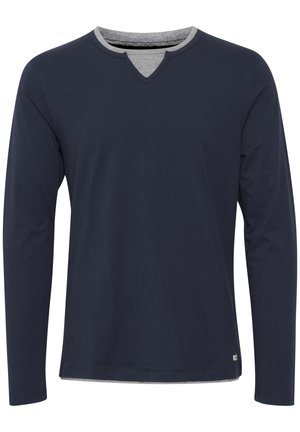 Navy long-sleeve T-shirt featuring a gray V-neck collar and a plain design. Made from a soft fabric with a smooth texture.