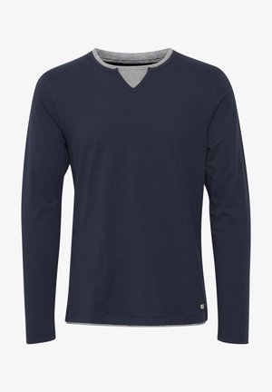 T-shirt a maniche lunghe navy con collo a V grigio e design semplice. Realizzato in un tessuto morbido con una texture liscia.