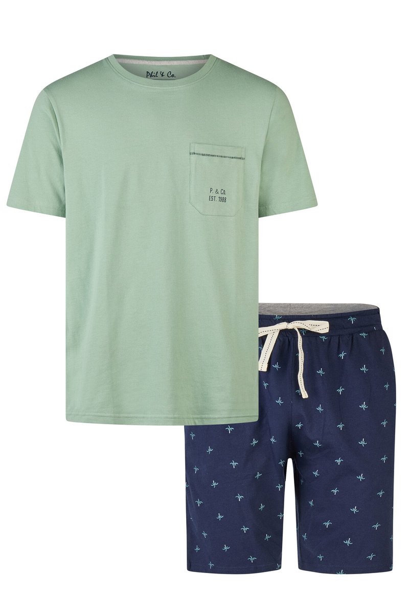 Light green cotton t-shirt with a chest pocket and printed text. Navy shorts feature a palm tree pattern and an elastic waistband with drawstring.