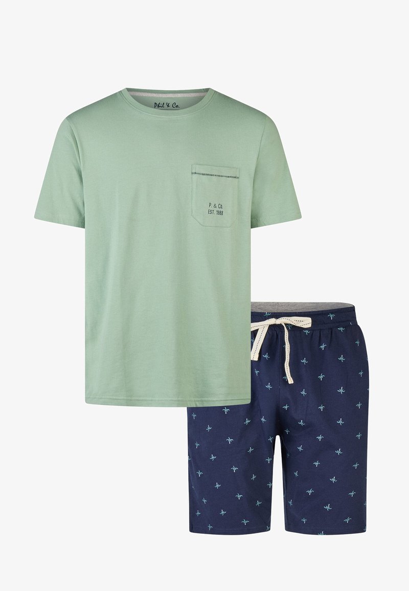 Light green cotton t-shirt with a chest pocket and printed text. Navy shorts feature a palm tree pattern and an elastic waistband with drawstring.