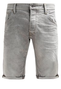 Shorts en denim gris clair avec poches avant, passants pour ceinture, fermeture par bouton et ourlet retroussé.