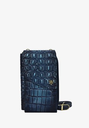 Krokodilpräge Leder Geldbörse in Dunkelblau, mit Reißverschluss, Klappenoberteil und einem goldenen Sternakzent. Enthält einen abnehmbaren Tragegurt.