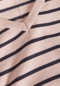 Randig tröja med v-ringad design, mjukt stickat material och växlande ljusrosa och marinblå horisontella ränder.
