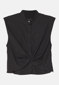 Blusa sin mangas negra con cuello alzado, botones delanteros y detalle de nudo retorcido en el dobladillo. Fabricada en un tejido suave.