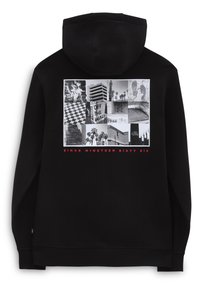 Felpa nera con cappuccio, dotata di un design a collage grafico sulla schiena, caratterizzato da immagini in bianco e nero, testo "OFF THE WALL" e "SINCE NINETEEN SIXTY SIX" in rosso.