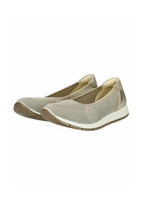 Zapatos beige sin cordones con parte superior de tela de malla, plantilla acolchada y suela de goma blanca. Forma ergonómica para mayor comodidad y flexibilidad.