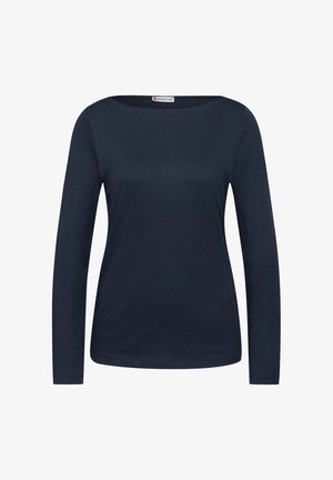Haut à manches longues bleu marine avec un col rond et une texture douce et lisse. Présente un léger stretch et une coupe décontractée, idéale pour un look casual.