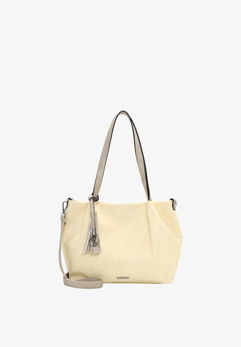 Borsa a tracolla in tela gialla con design morbido, caratterizzata da dettagli in pelle grigia e una tracolla removibile, decorata con un dettaglio a nappina.