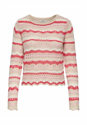 Brede gebreide trui in beige met golvende strepen in roze en rood. Heeft een open breipatroon, lange mouwen en een ronde halslijn. Cropped lengte.