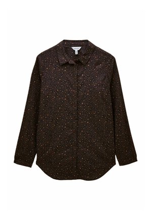 Long-sleeve dark brown button-up shirt with small tan leopard print pattern and classic collar, laid flat on white background.