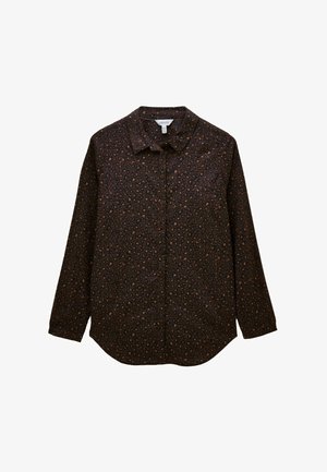 Langärmliges, dunkelbraunes Button-Up-Hemd mit kleinem, beigem Leopardenmuster und klassischem Kragen, auf einem weißen Hintergrund flach ausgelegt.
