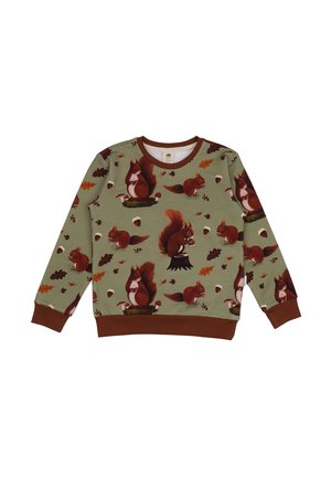 Long-sleeve green sweatshirt featuring red squirrels, acorns, and leaves in a repeated pattern, with brown cuffs and neckline. Soft texture.