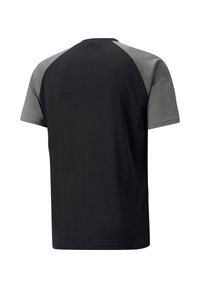 Korte mouwen shirt met een zwarte lichaamskleur en grijze raglanmouwen, gemaakt van een gladde, lichte stof. Schoon ontwerp zonder zichtbare logo's of patronen.
