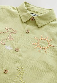 Chemise verte brodée avec une texture à carreaux, boutons bruns et motifs multicolores brodés d'un soleil et de deux animaux.