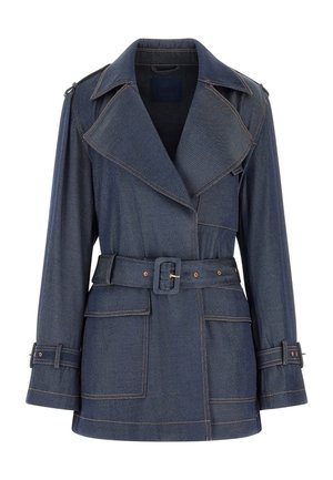 Dark blue denim trench coat with wide lapels, belted waist, buckle straps on cuffs, and large front patch pockets.