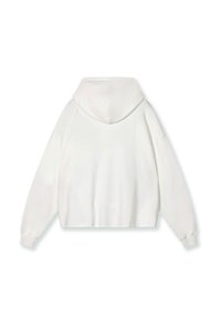 Hoodie court blanc en tissu doux, doté d'une capuche, de manches longues et d'une coupe décontractée, sans matériel ou motifs visibles.