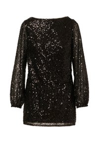 Czarna sukienka z cekinami, z długimi, bufiastymi rękawami. Tkanina pokryta jest błyszczącymi cekinami, tworząc teksturowaną, błyszczącą powierzchnię.