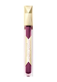 Max Factor Honey Lacquer i en transparent tube med et geometrisk guld-låg, der har en dyb blommefarve og er mærket med pink og guld.